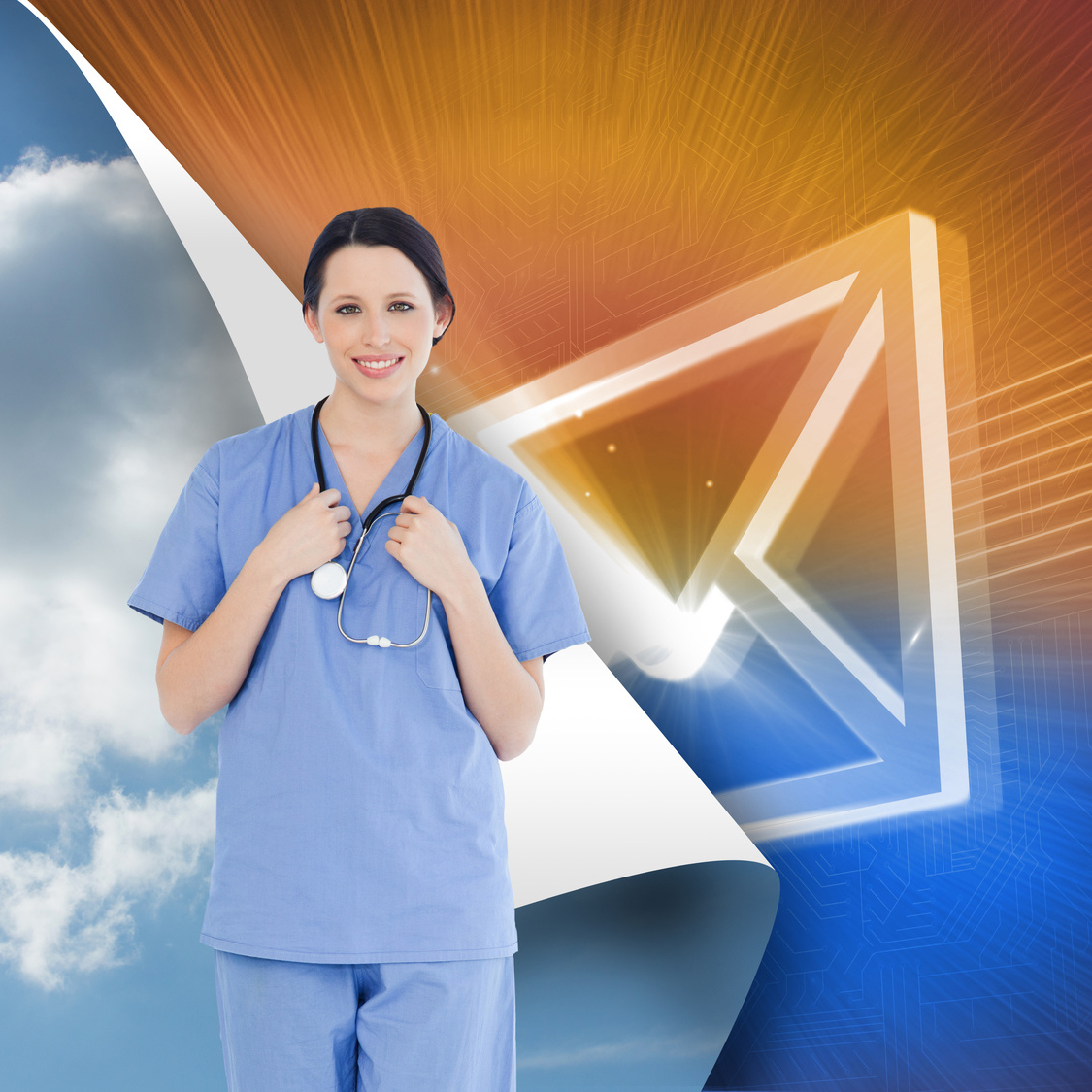 Composite image of young and confident medical intern wearing a blue short-sleeve uniform