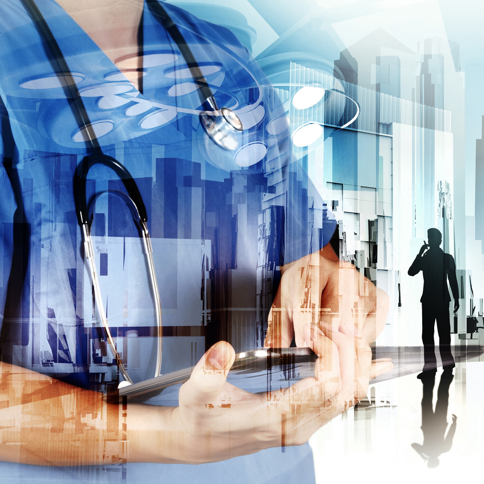 Double exposure of smart medical doctor working with abstract city as concept